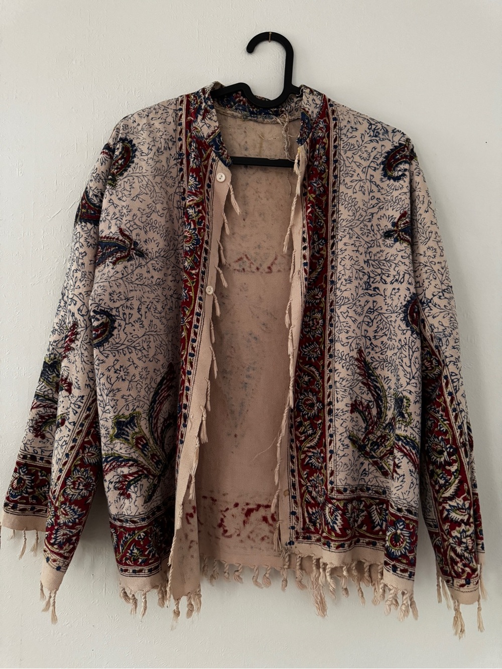 Vintage Beige Paisley Fringe Open-Front Jacket